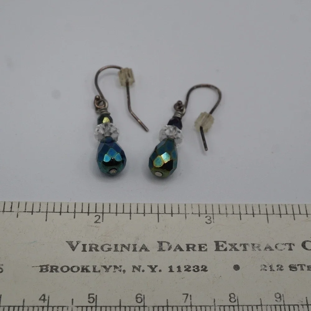 Sterling Silver Iridescent Peacock Blue Green Faceted Glass Teardrop Earrings